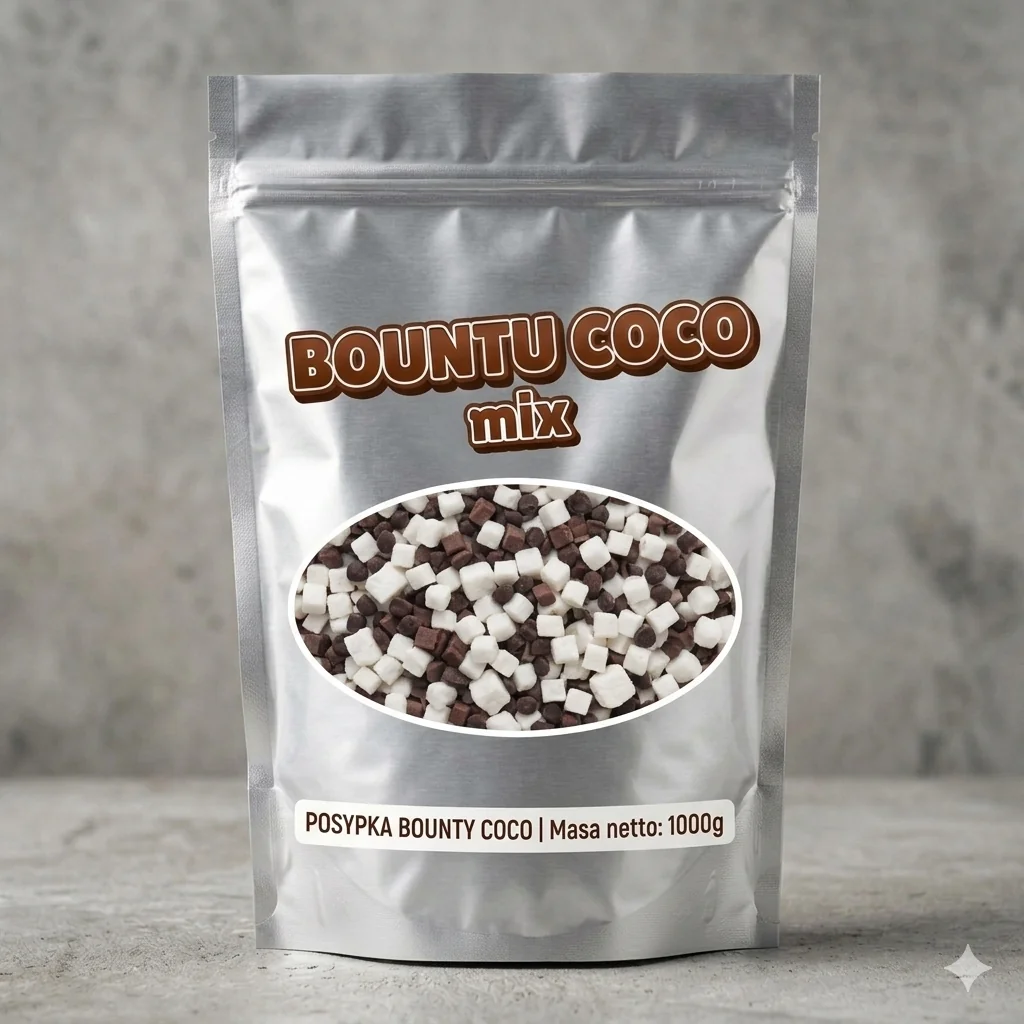 Posypka Bountu Topping kokos i czekolada 1 kg. Bountu Topping. Sucha mieszanka kokosowo czekoladowa, połączenie białych kostek kokosowych 3,5 x 3,5 mm (50 procent) i ciemnobrązowych, kruszonych kawałków czekolady mlecznej (50 procent). Dwukolorowa struktura, charakterystyczny kokosowy smak z wyraźnym posmakiem czekolady mlecznej. Pakowanie 1 kg w folii PE w kartonie. Idealna posypka do lodów, ciast i deserów, alternatywa dla klasycznego smaku kokos i czekolada w stylu Bounty.