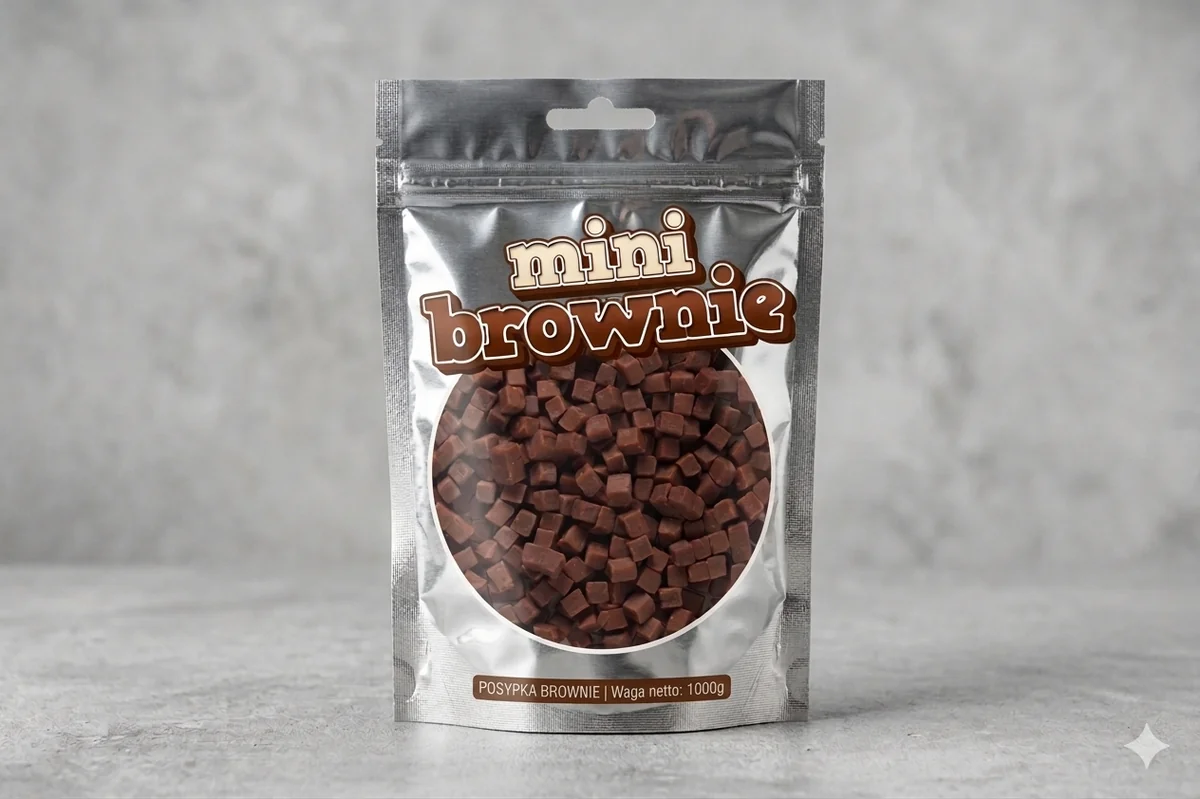 Posypka Brownie 1 kg. Brownie Topping. Sucha mieszanka miękkich, nieregularnych kostek brownie o wymiarach około 3,5 mm, w 100 procent z kakao. Intensywny smak czekoladowy, ciemnobrązowa barwa, miękka i lekko wilgotna konsystencja. Pakowanie 1 kg w folii PE w kartonie. Wyprodukowano w UE dla Gastro-Ice Poland. Idealny topping do lodów, ciast, jogurtów i deserów.