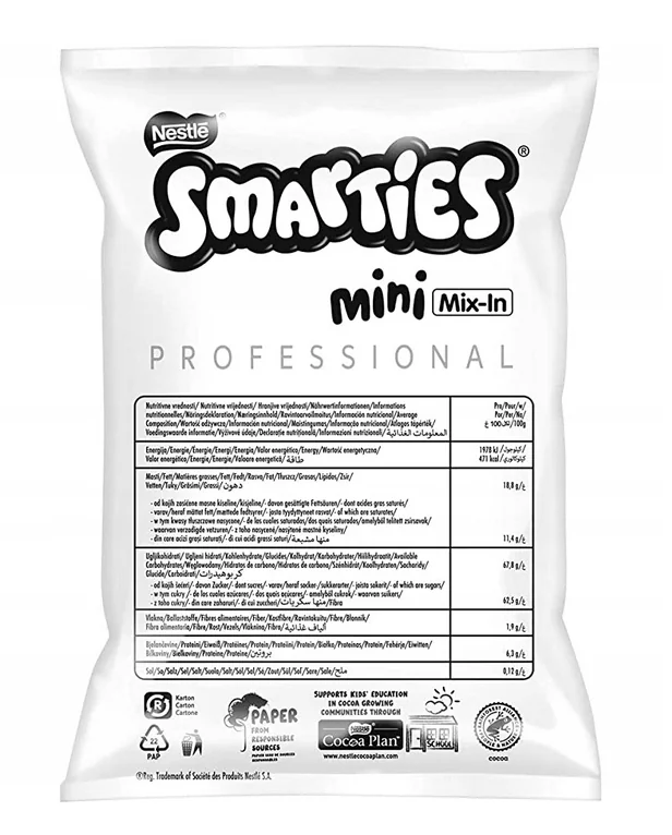 Posypka Smarties Mini Mix-In 500 g. Smarties Mini Mix-In to mleczna czekolada 65 procent w kolorowych cukrowych skorupkach, w wersji mini, idealnej jako posypka do lodów, gofrów i deserów. Pakowanie 500 g. Kakao w mlecznej czekoladzie certyfikowane Rainforest Alliance. Producent Nestlé Polska.