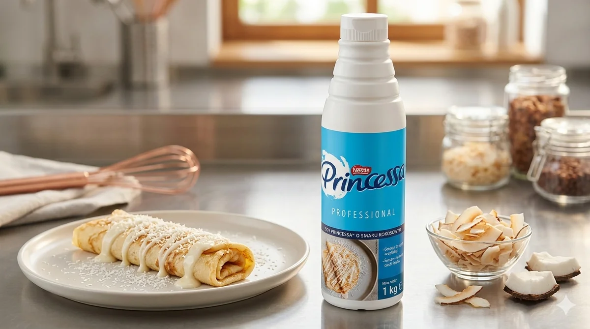Sos Princessa Kokosowa 1 kg Sos Princessa Kokosowa 1 kg. Sos Princessa Kokosowa 1 kg. Markowa polewa o smaku najpopularniejszego wafelka Princessa Kokosowa, kokosowy aromat z białą polewą. Pakowanie 1 kg w butelce. Producent Nestlé.