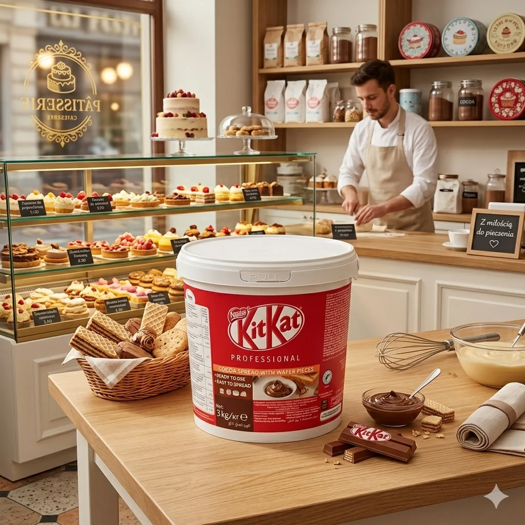 KitKat Spread Pasta Kakaowa 3 kg. KitKat Spread 3 kg. Pasta kakaowa z kawałkami wafla 6 procent, gotowa do użycia. Kultowy smak czekolady KitKat. Pakowanie w wiadro 3 kg z łatwym otwieraniem i wielokrotnym zamykaniem, dostosowane do rynku OOH. BEZ oleju palmowego w recepturze. Kakao certyfikowane Rainforest Alliance. Producent Nestlé Polska. Idealna do nadzień, kremów i polew. Zastosowanie w piekarni, lodziarni rzemieślniczej, naleśnikarni, gofrowni.