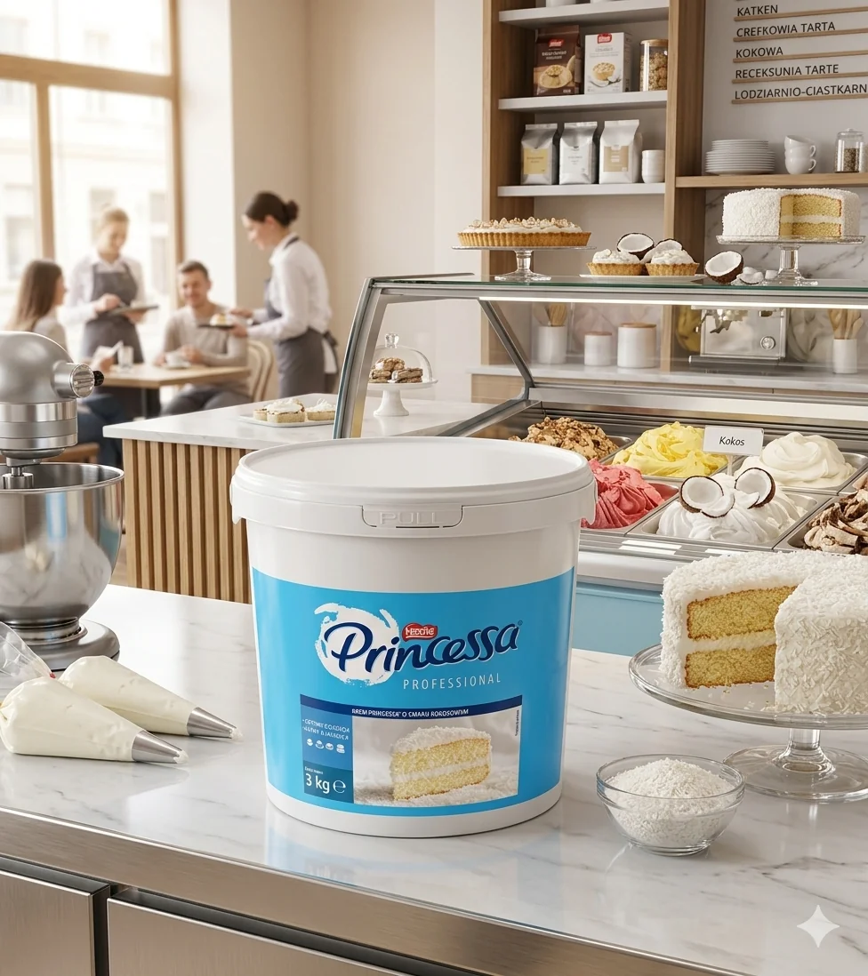 Princessa Spread 3 kg kokosowy. Princessa Spread 3 kg. Gotowa do użycia pasta kremowa z wiórkami kokosowymi 5 procent, inspirowana smakiem kultowej Princessy Kokosowej. Pakowanie w wiadro 3 kg z łatwym otwieraniem i wielokrotnym zamykaniem, dostosowane do rynku OOH (piekarnie, lodziarnie). BEZ oleju palmowego w recepturze. Producent Nestlé. Idealna jako nadzienie, krem i polewa do ciast, deserów, gofrów, pączków, naleśników.